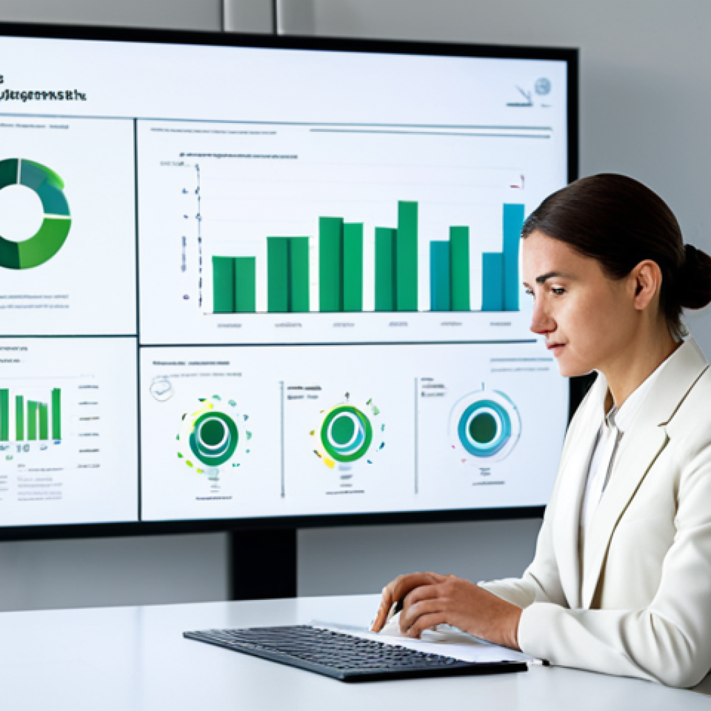 A focused female design engineer in a modest business suit, thoughtfully examining a sustainable product prototype on a sleek, minimalist desk. In the background, a large digital screen displays circular economy infographics illustrating resource loops and lifecycle assessments. The studio is brightly lit with clean lines, conveying innovation and purpose. Fully clothed, appropriate attire, safe for work, perfect anatomy, correct proportions, natural pose, well-formed hands, proper finger count, professional, high-resolution, sharp focus.