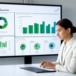 A focused female design engineer in a modest business suit, thoughtfully examining a sustainable product prototype on a sleek, minimalist desk. In the background, a large digital screen displays circular economy infographics illustrating resource loops and lifecycle assessments. The studio is brightly lit with clean lines, conveying innovation and purpose. Fully clothed, appropriate attire, safe for work, perfect anatomy, correct proportions, natural pose, well-formed hands, proper finger count, professional, high-resolution, sharp focus.
