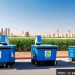 Home 23 자원순환 경제와 기술 융합 전략 - A futuristic smart recycling facility in a Middle Eastern city, featuring advanced AI-powered roboti...