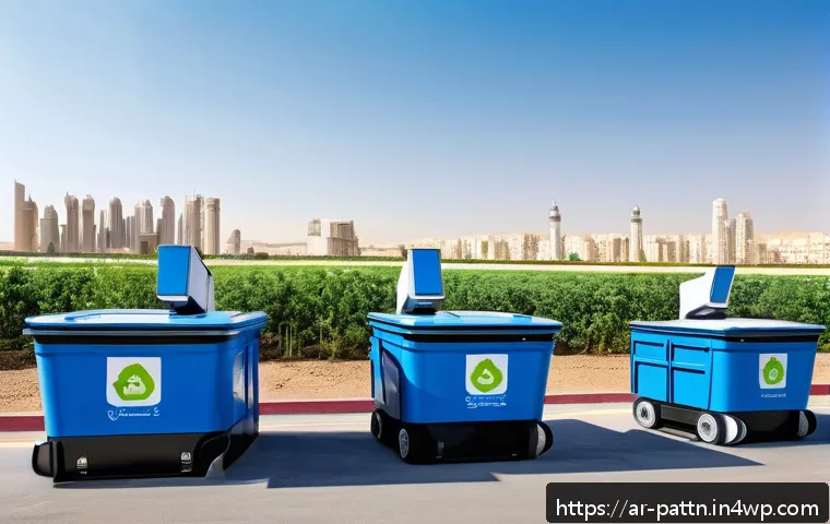 자원순환 경제와 기술 융합 전략 - A futuristic smart recycling facility in a Middle Eastern city, featuring advanced AI-powered roboti...