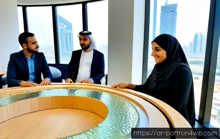 자원순환 경제 모델의 이행 전략 - Photorealistic circular economy strategy meeting in a modern Middle Eastern municipal innovation cen...